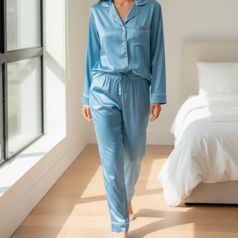 Pijama Americano Longo em Cetim de Seda Premium – Azul Serenity