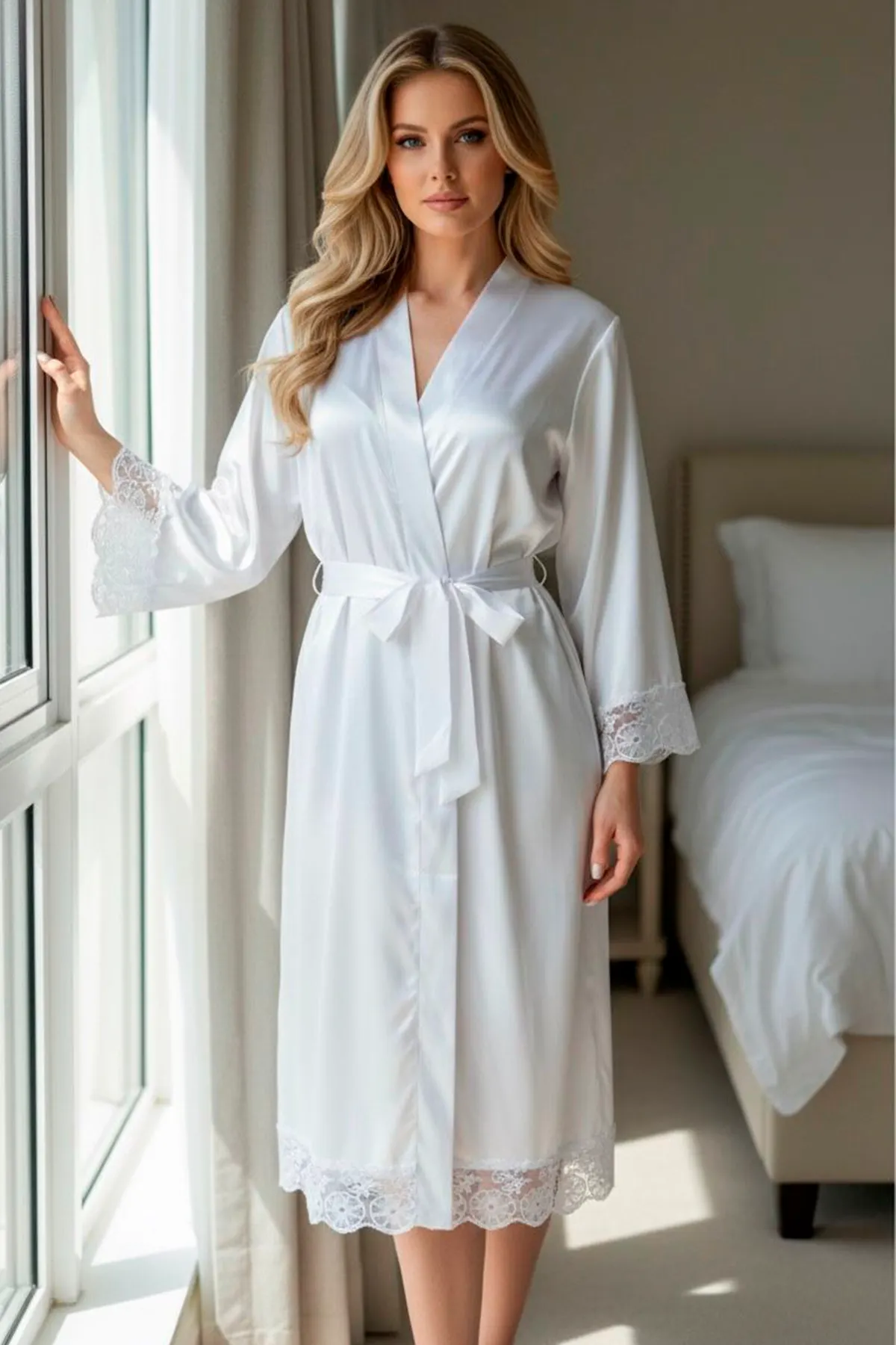 Robe Longuete em Cetim de Seda Premium com Renda – Branco Noiva