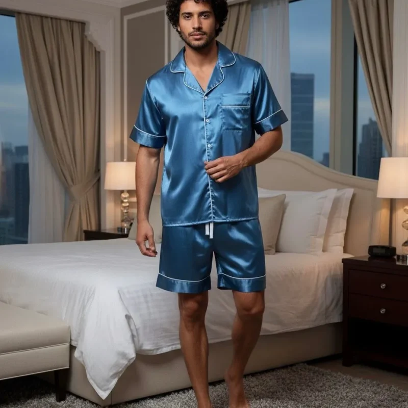 Pijama Masculino Curto em Cetim de Seda Premium – Azul Safira