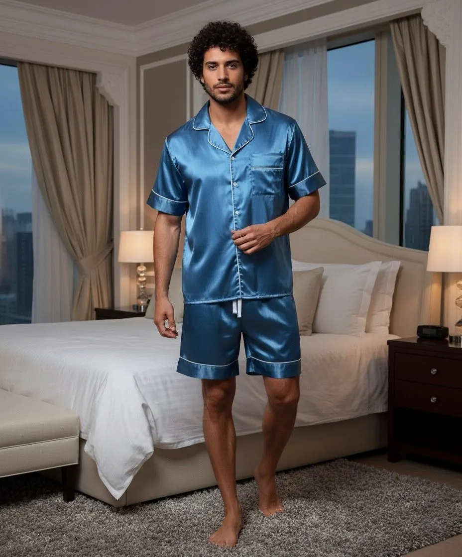 Pijama Masculino Curto em Cetim de Seda Premium – Azul Safira