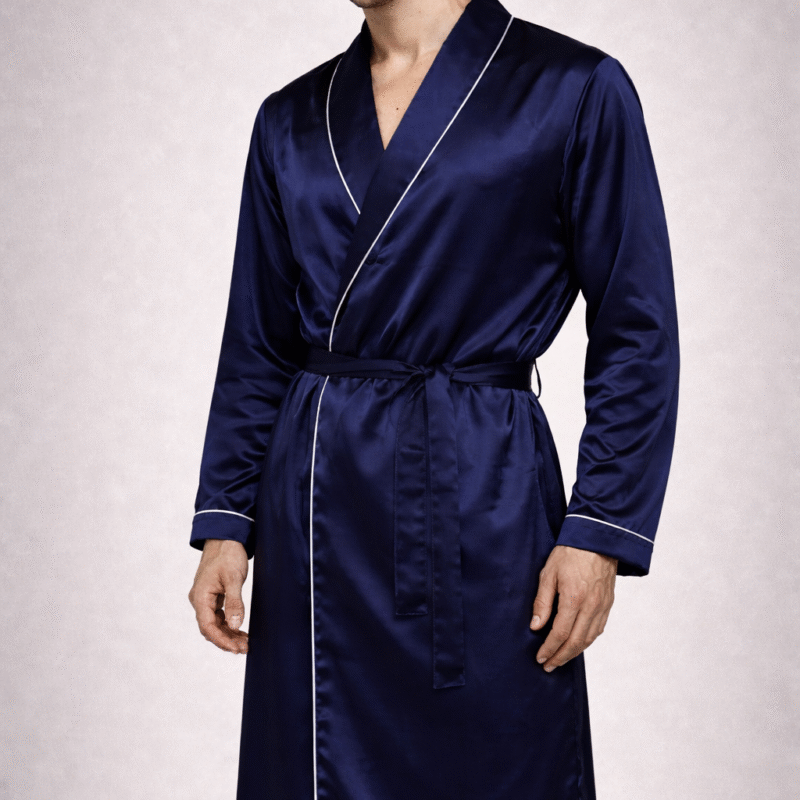 Robe  Masculino  em Cetim de Seda Premium – Azul Marinho