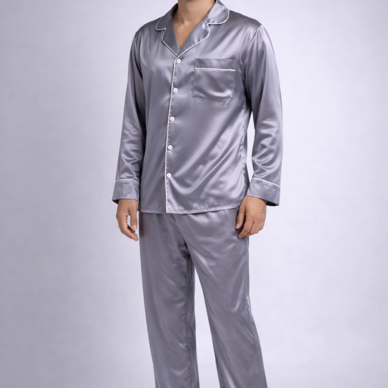 PIJAMA AMERICANO MASCULINO LONGO  EM CETIM DE SEDA PREMIUM - PRATA