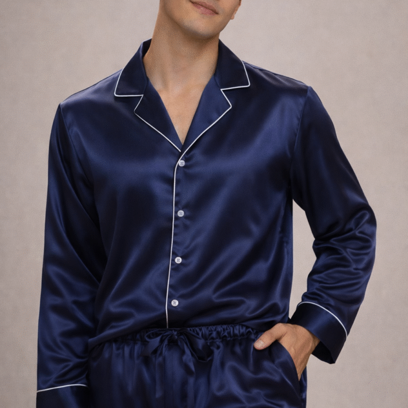PIJAMA AMERICANO LONGO  MASCULINO EM CETIM DE SEDA PREMIUM - AZUL MARINHO