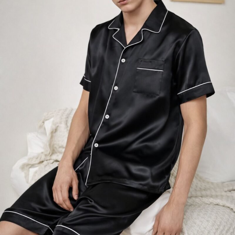 Pijama Masculino Curto em Cetim de Seda Premium – PRETO