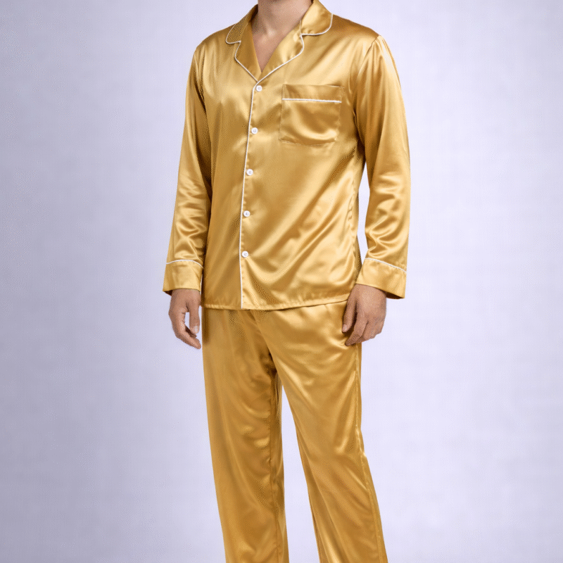 Pijama Americano Longo Masculino em Cetim de Seda Premium – DOURADO OURO