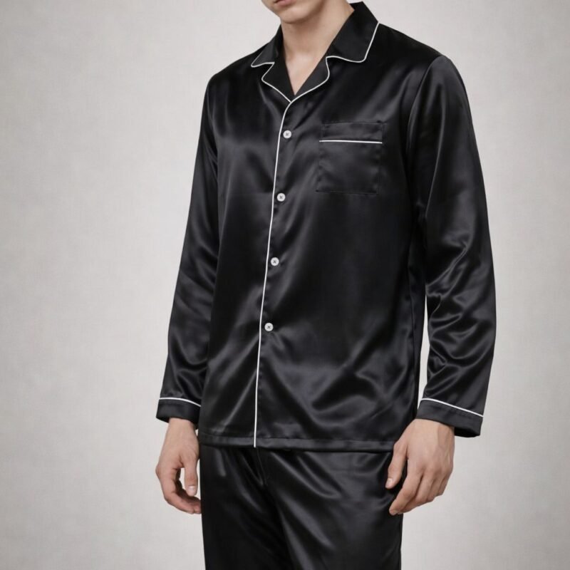PIJAMA AMERICANO MASCULINO LONGO  EM CETIM DE SEDA PREMIUM - PRETO