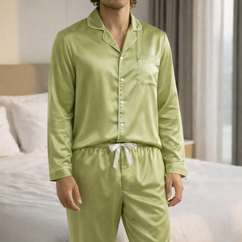 PIJAMA AMERICANO MASCULINO LONGO  EM CETIM DE SEDA PREMIUM - Pistache