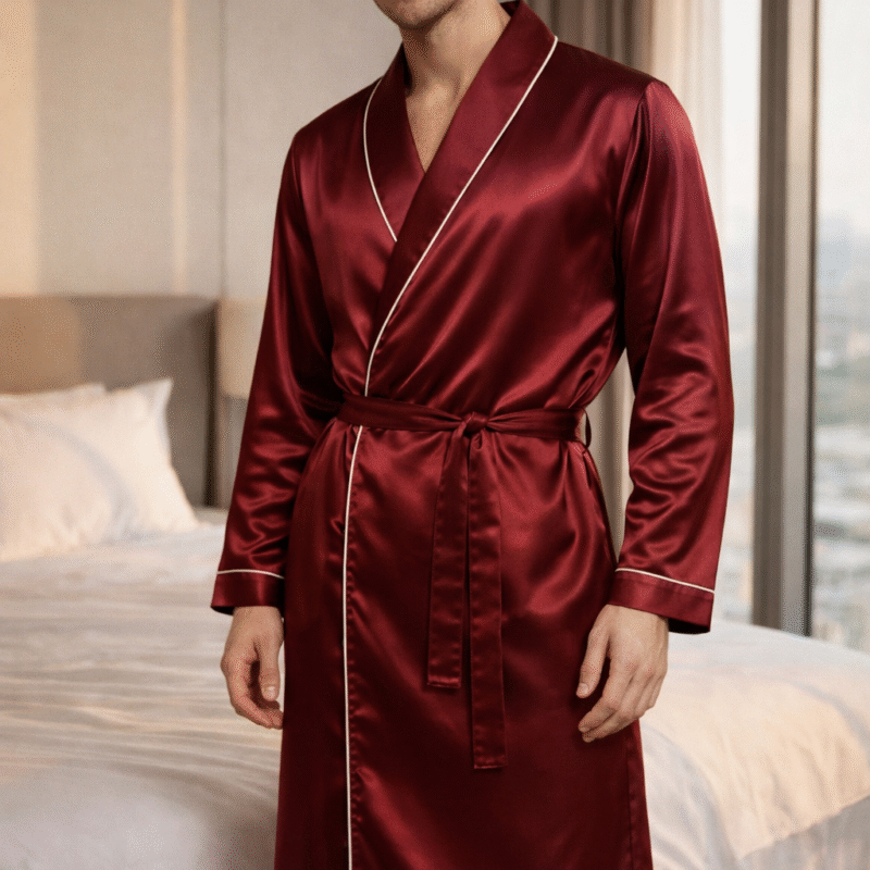 Robe  Masculino  em Cetim de Seda Premium – Vermelho Bordô